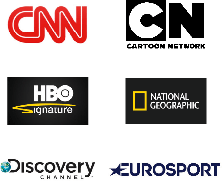 Combined banner for CNN, Cartoon Network, HBO Signature, National Geographic, Discovery, and EuroSport TV channels.