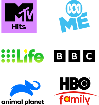 Combined banner for MTV, World Brothers, HBO Hits, Animal Planet, BBC, and HBO Family TV channels.
